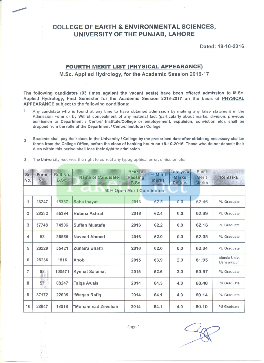 Punjab University Lahore (PU) - Fourth Merit List (PHYSICAL APPEARANCE ...